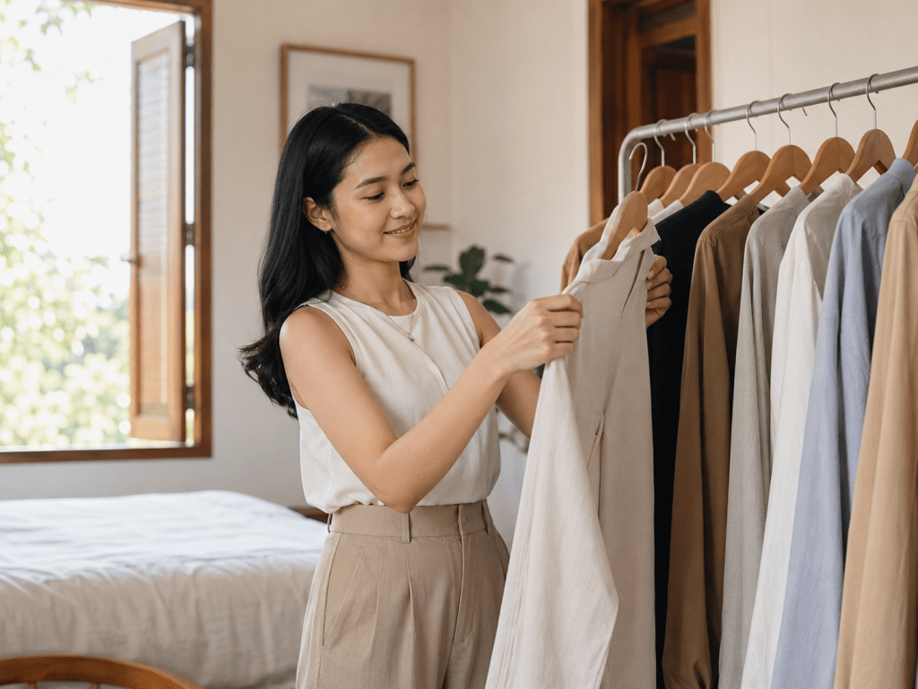 Rutinitas pagi yang tenang saat memilih pakaian dari lemari minimalis tanpa kelelahan keputusan.