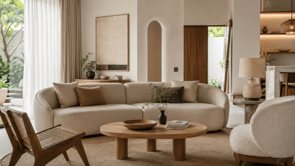 Soft Minimalism, Bukan Mewah, Justru Jadi Favorit Ruang Keluarga 2026 2 Contoh interior soft minimalism dengan furnitur organik dan warna hangat