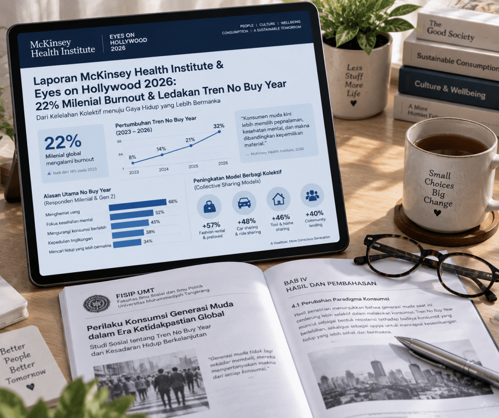 Tablet menampilkan data riset McKinsey mengenai 22 persen burnout milenial pendorong gerakan slow living kolektif.