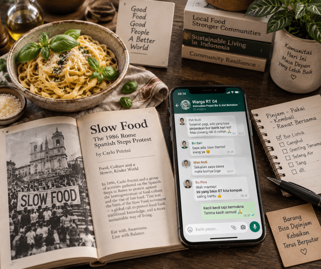 Perpaduan mangkuk pasta simbol Slow Food Roma 1986 dengan layar smartphone obrolan komunitas warga Bandung.