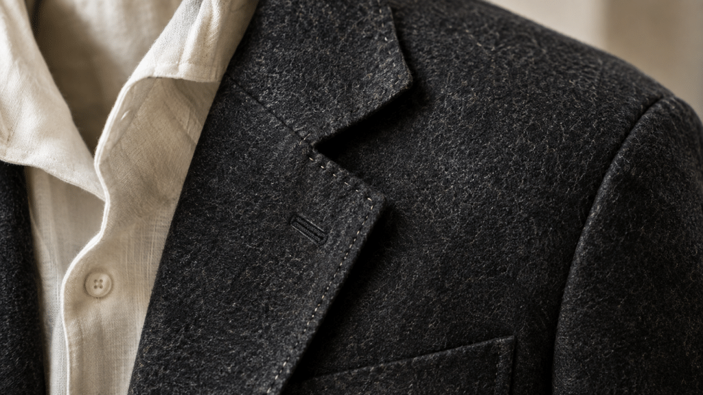 Detail pakaian berbahan kain kasmir dan linen polos berkualitas tinggi yang mencerminkan quiet luxury.