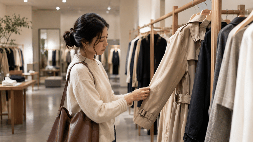 Pembeli mengamati kualitas jahitan mantel di butik pakaian tanpa melihat label merek.