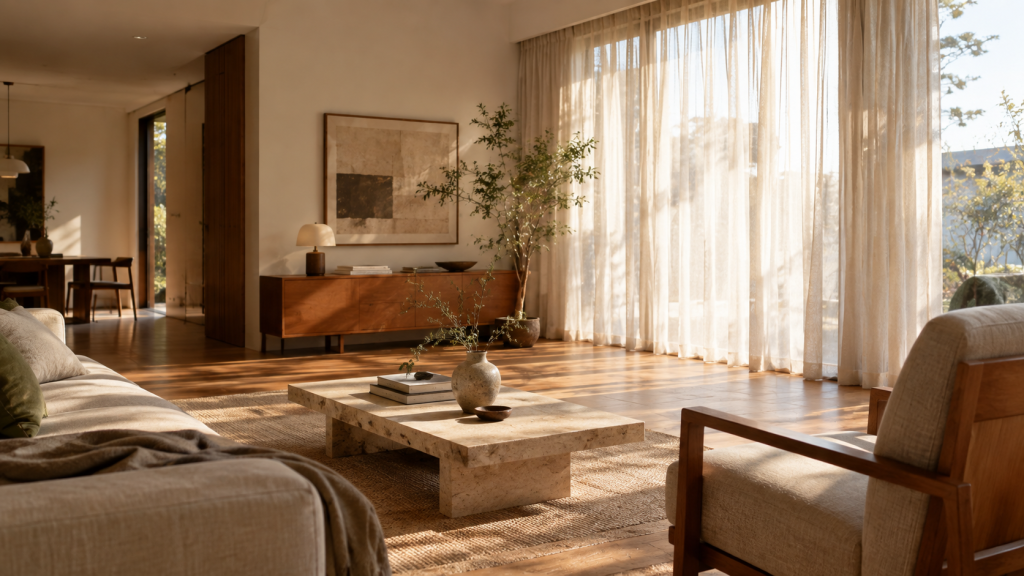Ruang tamu bernuansa tenang dengan material kayu alami dan pencahayaan lembut khas quiet luxury.