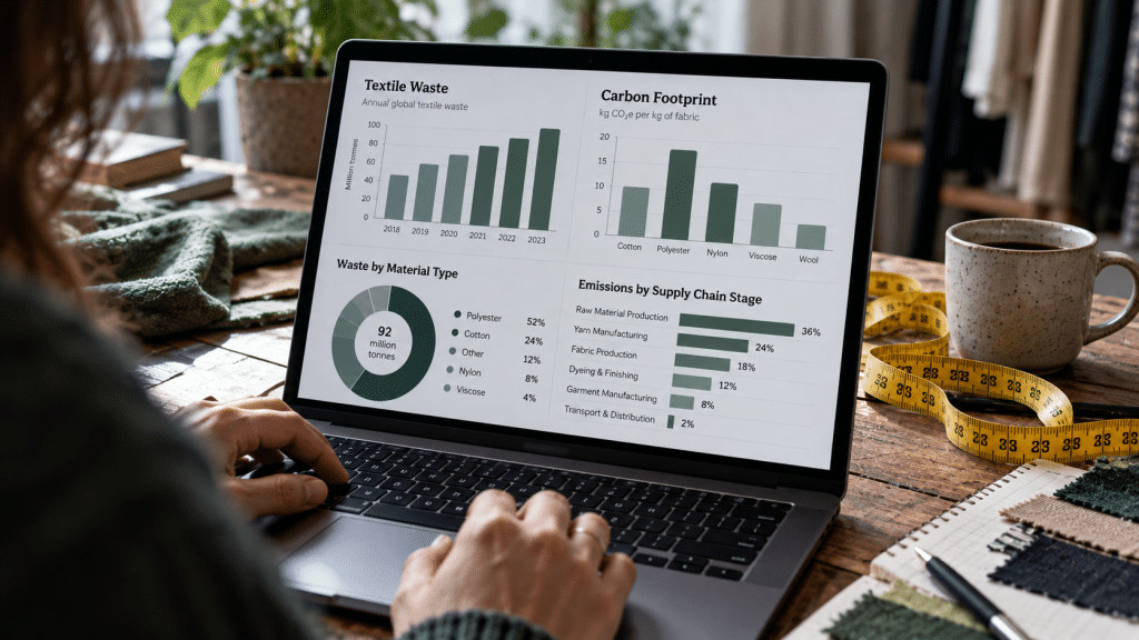 Laptop menampilkan data statistik limbah pakaian di meja kerja berdampingan dengan alat ukur jahit.