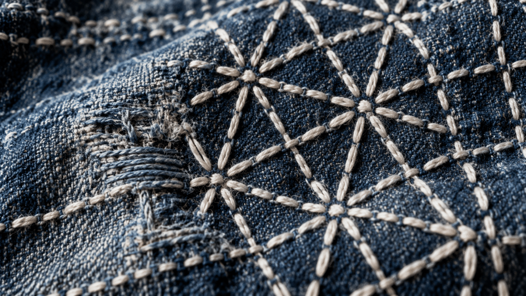 Teknik jahitan tangan Sashiko Jepang pada kain denim usang.