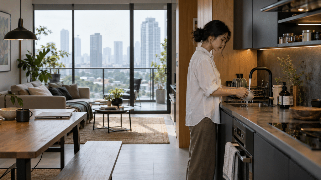 Tata ruang terbuka apartemen kompak bergaya Kensho di Jakarta yang menggabungkan dapur dan ruang duduk dengan elemen kayu alami.