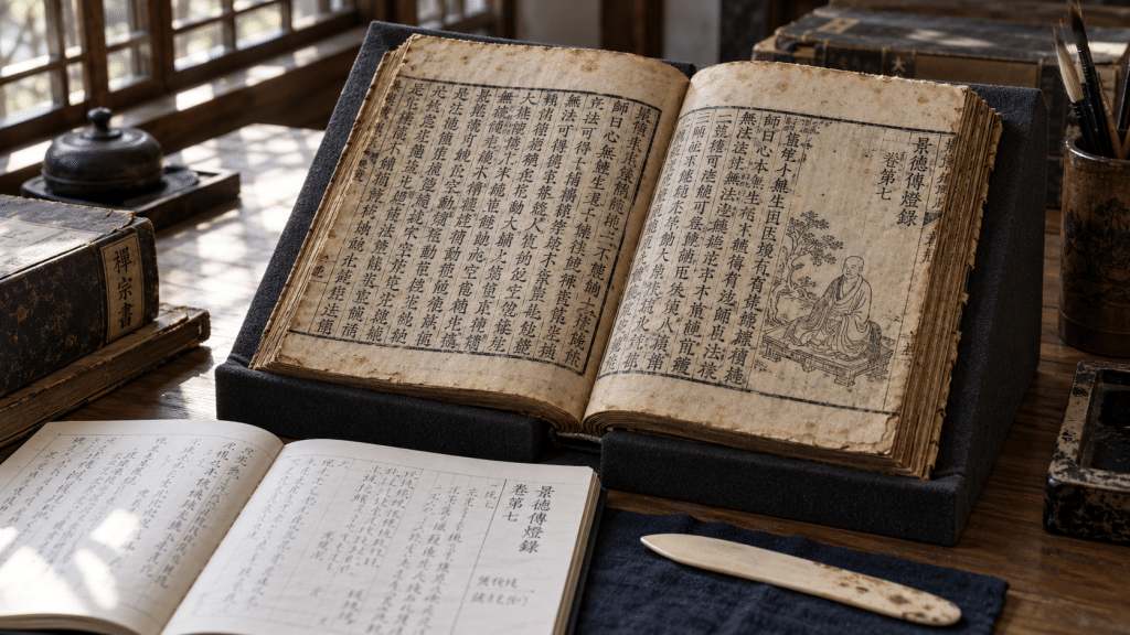 Salinan naskah klasik teks ajaran Master Dogen dan catatan sejarah penyebaran Zen di meja arsip perpustakaan.