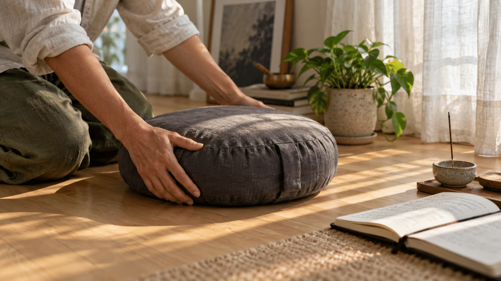 Seseorang menata sudut hening di rumah dengan meletakkan satu bantal duduk dan tanaman kecil di lantai kayu.