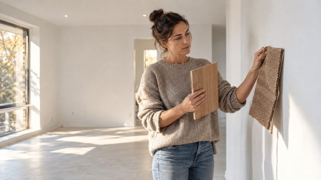Interior ruangan yang terlalu steril dan kosong dievaluasi pemilik rumah untuk menambahkan elemen material alami yang hangat.
